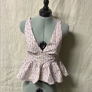 Zara White and Red Striped Peplum Blouse